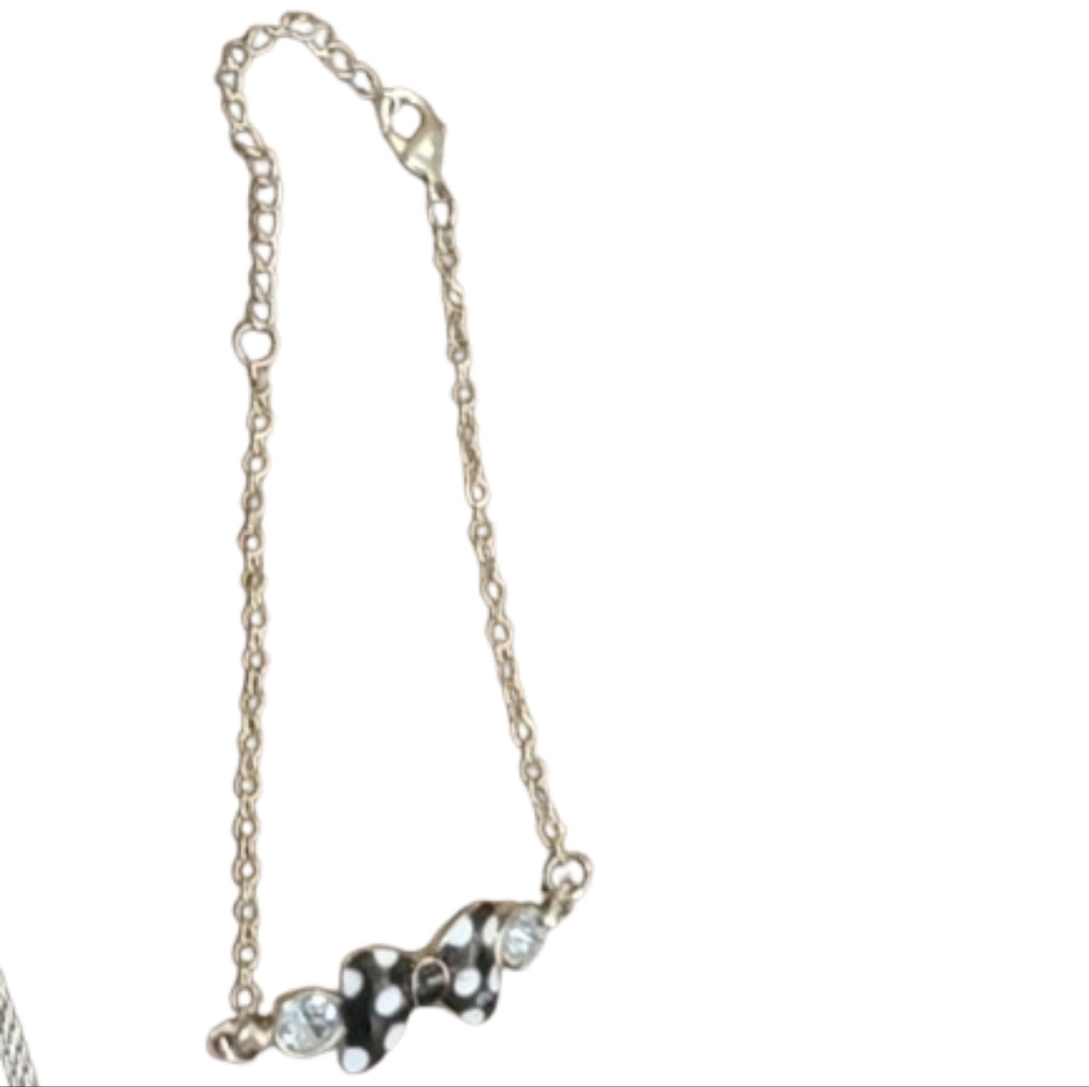 Disney Minnie Mouse Black White Polka Dot Bow Rhinestone Chain Ankle Bracelet